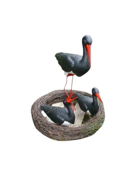 Storchennest 3x Schwarz Storch Figur Familie Set Gartenfigur Statue Skulptur