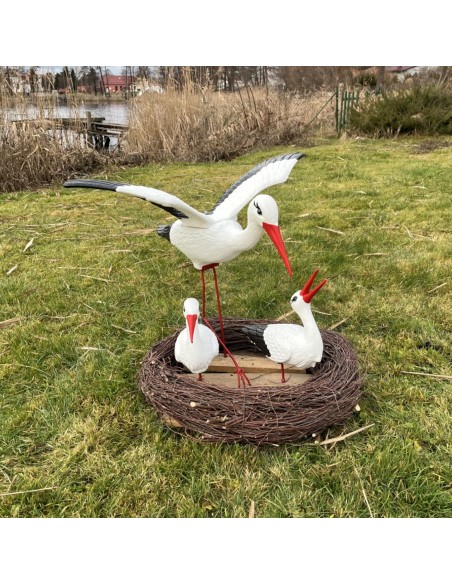 Storchennest 3x Storch Figur Familie mit Fliegend Stoch Set Gartenfigur Statue