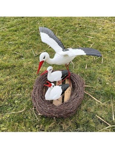 Storchennest 3x Storch Figur Familie mit Fliegend Stoch Set Gartenfigur Statue