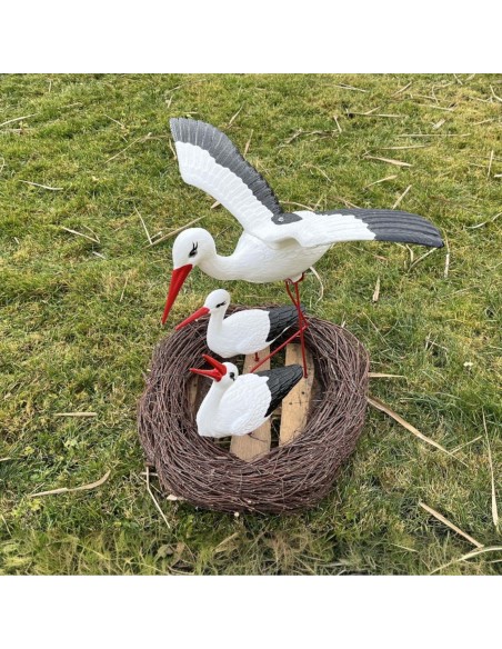 Storchennest 3x Storch Figur Familie mit Fliegend Stoch Set Gartenfigur Statue