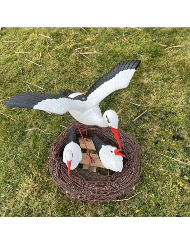 Storchennest 3x Storch Figur Familie mit Fliegend Stoch Set Gartenfigur Statue