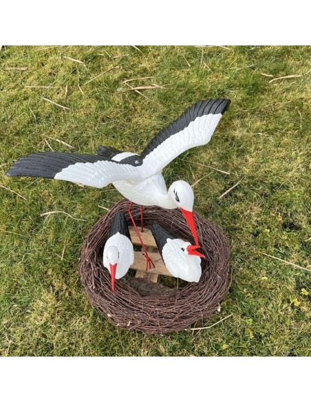 Storchennest 3x Storch Figur Familie mit Fliegend Stoch Set Gartenfigur Statue