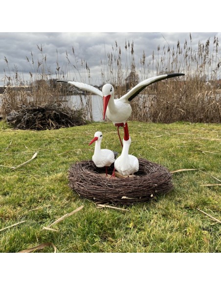 Storchennest 3x Storch Figur Familie mit Fliegend Stoch Set Gartenfigur Statue