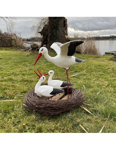 Storchennest 3x Storch Figur Familie mit Fliegend Stoch Set Gartenfigur Statue