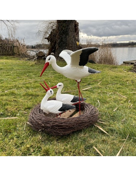 Storchennest 3x Storch Figur Familie mit Fliegend Stoch Set Gartenfigur Statue