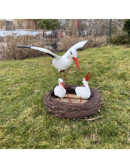 Storchennest 3x Storch Figur Familie mit Fliegend Stoch Set Gartenfigur Statue